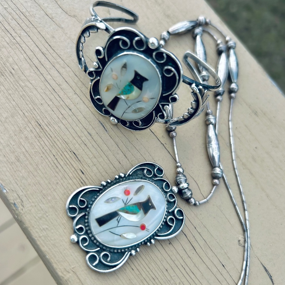 Vintage Sterling Zuni Cuff Bracelet & Necklace (Set) Bird Inlay